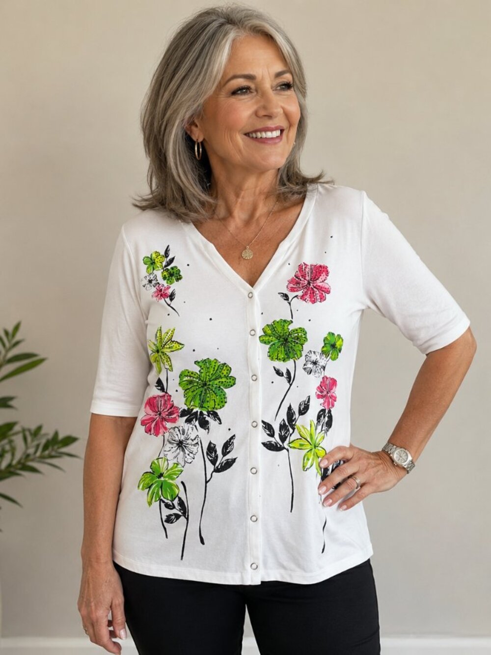 Quacker Factory Size 2x Snap Front Cardigan Top White Garden Floral Rhinestones